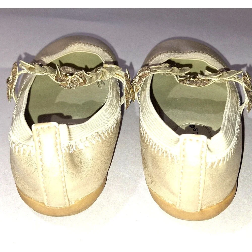 Rampage Girls Gold Ballet Flats Sparkly Glitter Dress Shoes Flower Strap Size 8M